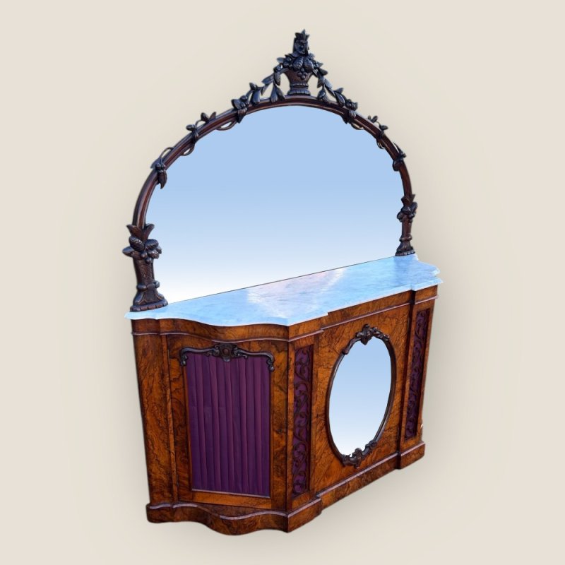 Antique Victorian Walnut & Marble Topped Carved Mirror Backed Sideboard Credenza