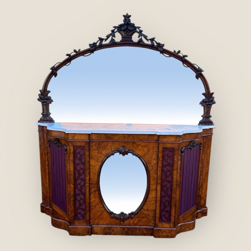 Antique Victorian Walnut & Marble Topped Carved Mirror Backed Sideboard Credenza