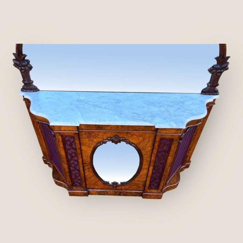 Antique Victorian Walnut & Marble Topped Carved Mirror Backed Sideboard Credenza