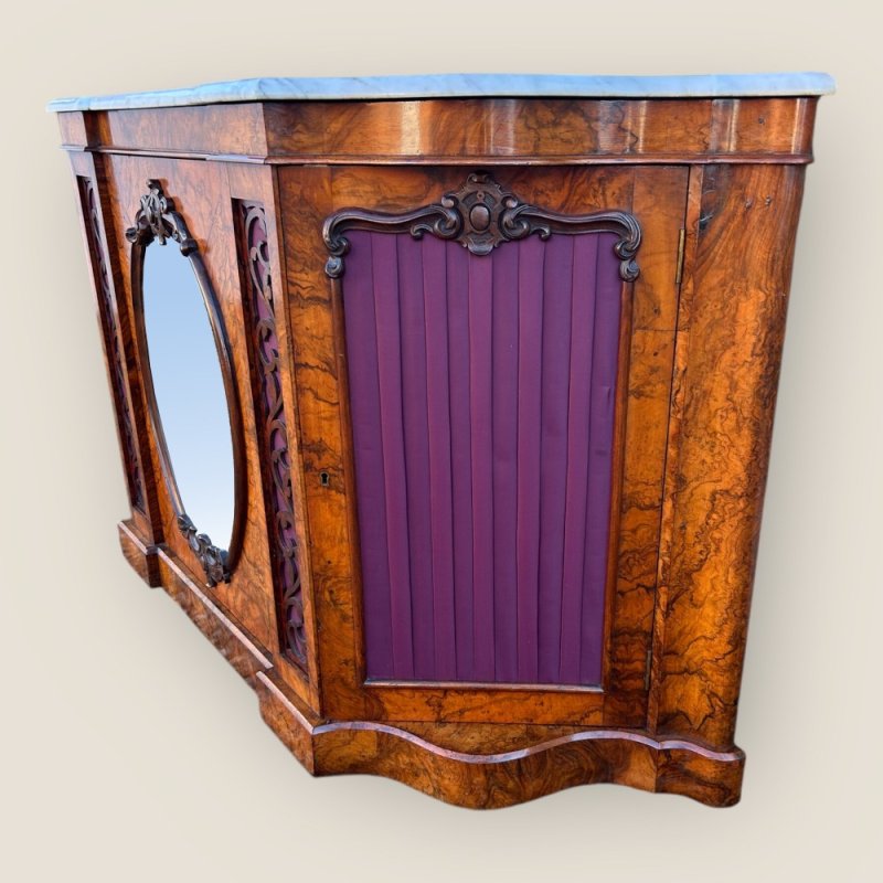 Antique Victorian Walnut & Marble Topped Carved Mirror Backed Sideboard Credenza