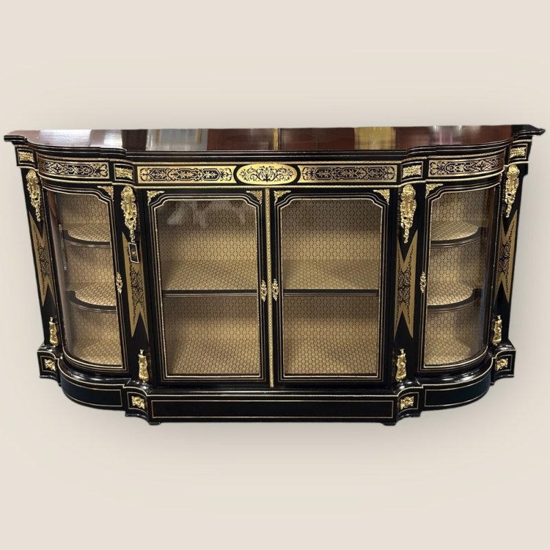 Antique Victorian Ebonised & Brass Ormolu Serpentine Boulle Credenza Sideboard