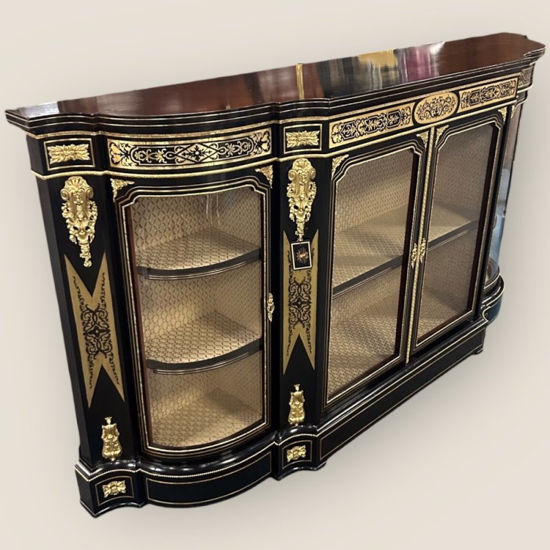 Antique Victorian Ebonised & Brass Ormolu Serpentine Boulle Credenza Sideboard