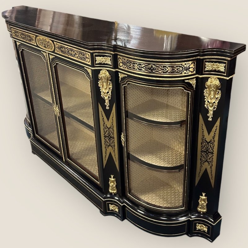 Antique Victorian Ebonised & Brass Ormolu Serpentine Boulle Credenza Sideboard