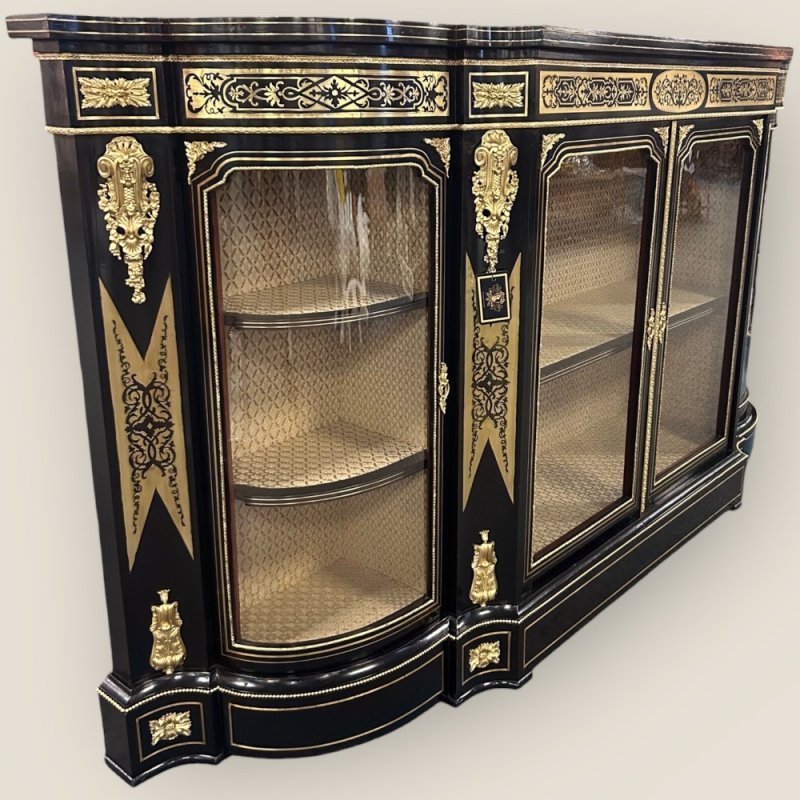 Antique Victorian Ebonised & Brass Ormolu Serpentine Boulle Credenza Sideboard
