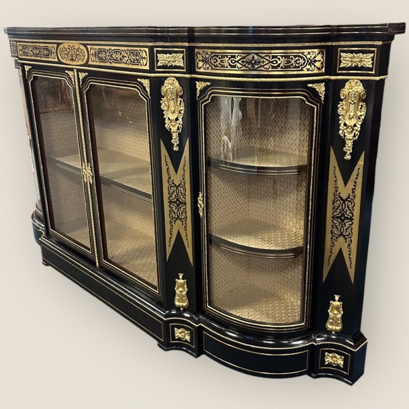 Antique Victorian Ebonised & Brass Ormolu Serpentine Boulle Credenza Sideboard