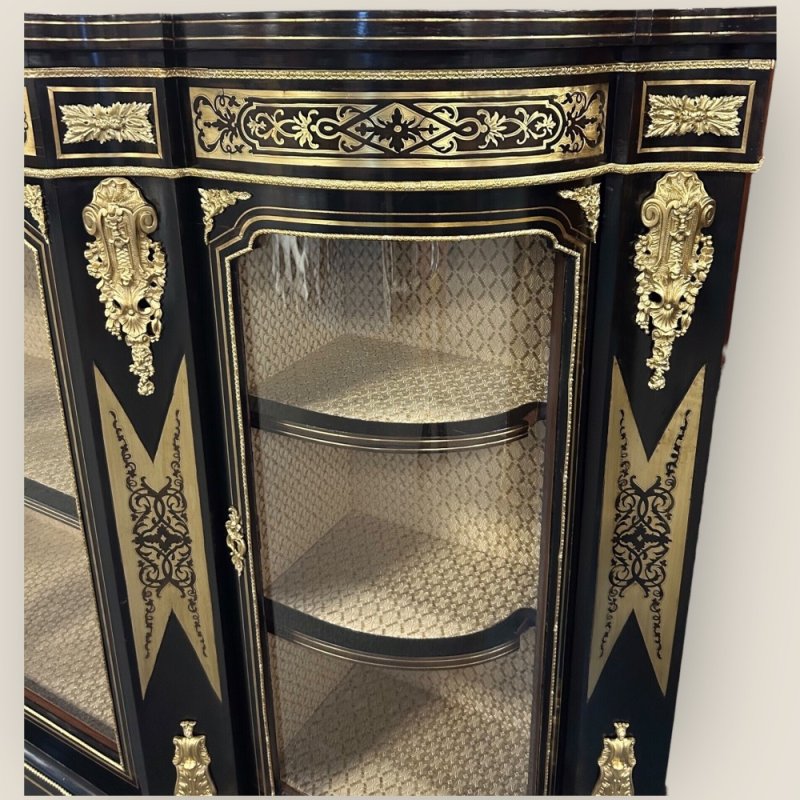 Antique Victorian Ebonised & Brass Ormolu Serpentine Boulle Credenza Sideboard