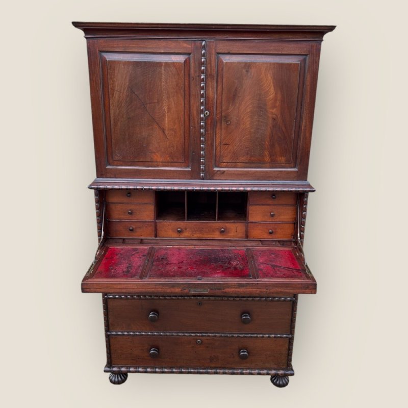 Antique 19th Century Padouk Anglo-indian Campaign Secretaire Chest & Cupboard