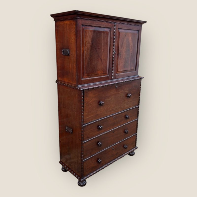 Antique 19th Century Padouk Anglo-indian Campaign Secretaire Chest & Cupboard