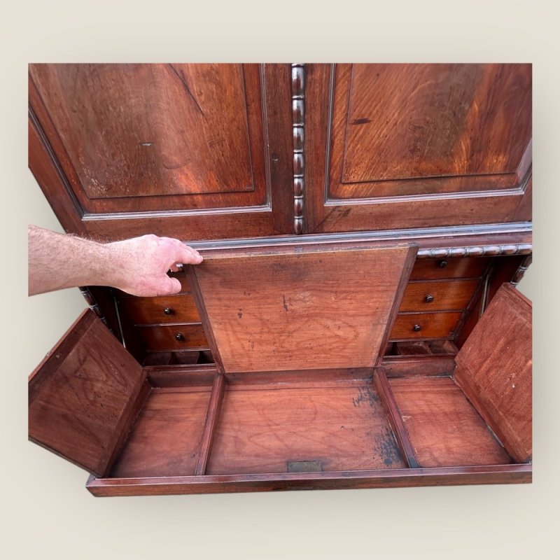 Antique 19th Century Padouk Anglo-indian Campaign Secretaire Chest & Cupboard