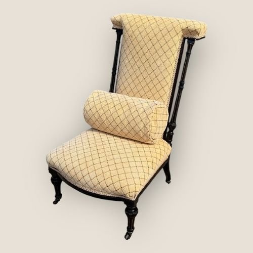 Antique Victorian Ebonised & Fabric Aesthetic Movement Prayer Chair With Casters