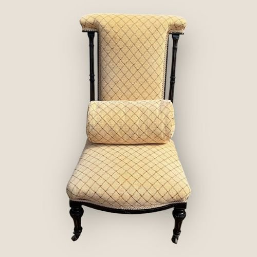 Antique Victorian Ebonised & Fabric Aesthetic Movement Prayer Chair With Casters