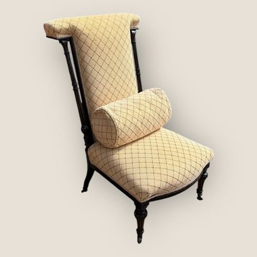 Antique Victorian Ebonised & Fabric Aesthetic Movement Prayer Chair With Casters