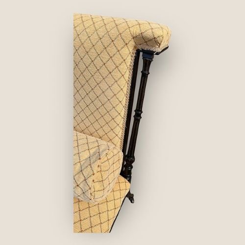 Antique Victorian Ebonised & Fabric Aesthetic Movement Prayer Chair With Casters