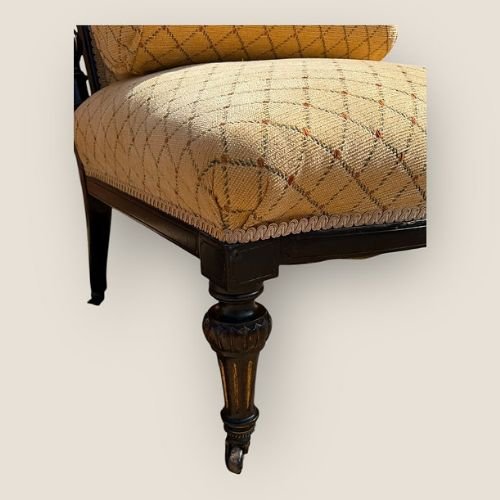 Antique Victorian Ebonised & Fabric Aesthetic Movement Prayer Chair With Casters