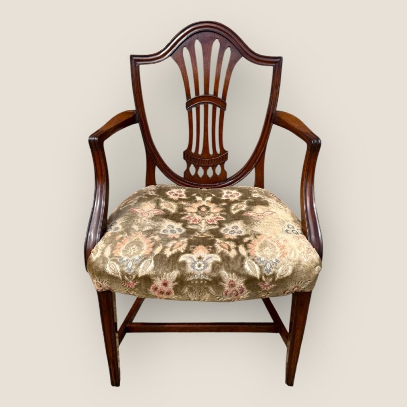 Antique Georgian Hepplewhite Period Upholstered Mahogany Shield Back Carver Chair