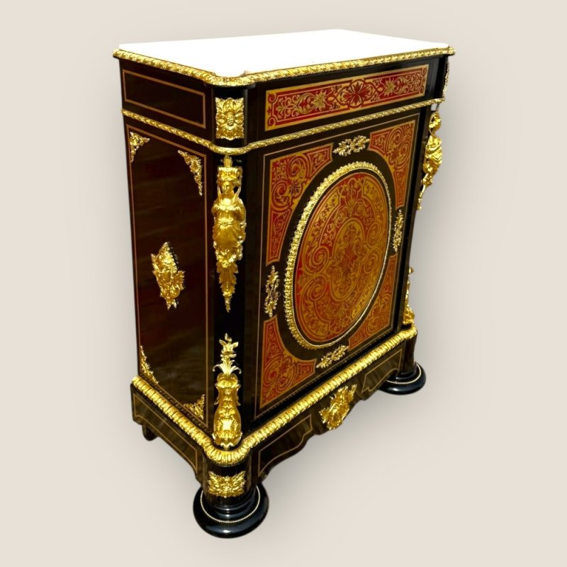 Antique French Napoleon III Ebonised Tortoiseshell Boulle & Marble Pier Cabinet