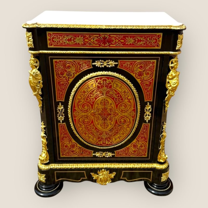 Antique French Napoleon III Ebonised Tortoiseshell Boulle & Marble Pier Cabinet