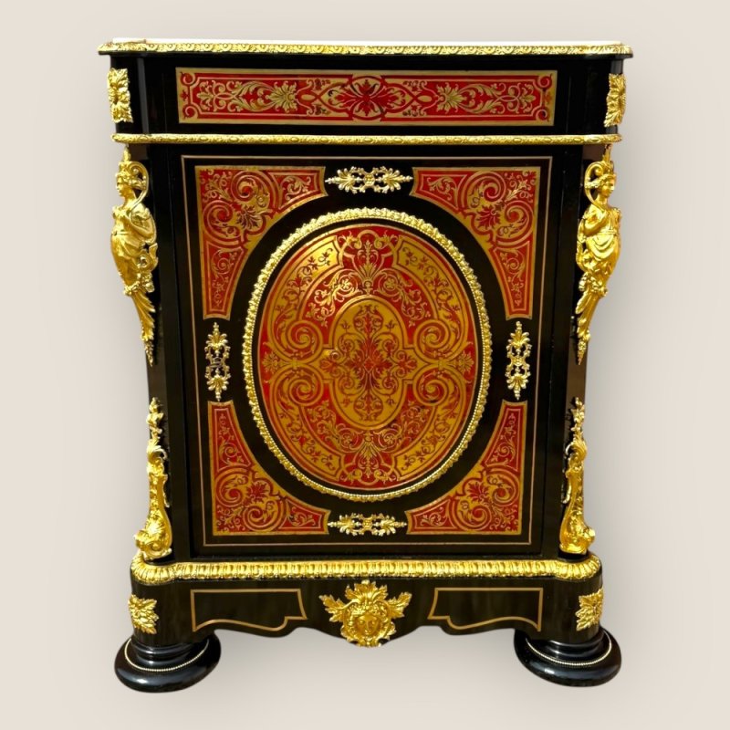 Antique French Napoleon III Ebonised Tortoiseshell Boulle & Marble Pier Cabinet