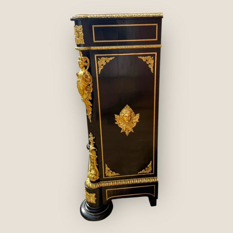 Antique French Napoleon III Ebonised Tortoiseshell Boulle & Marble Pier Cabinet