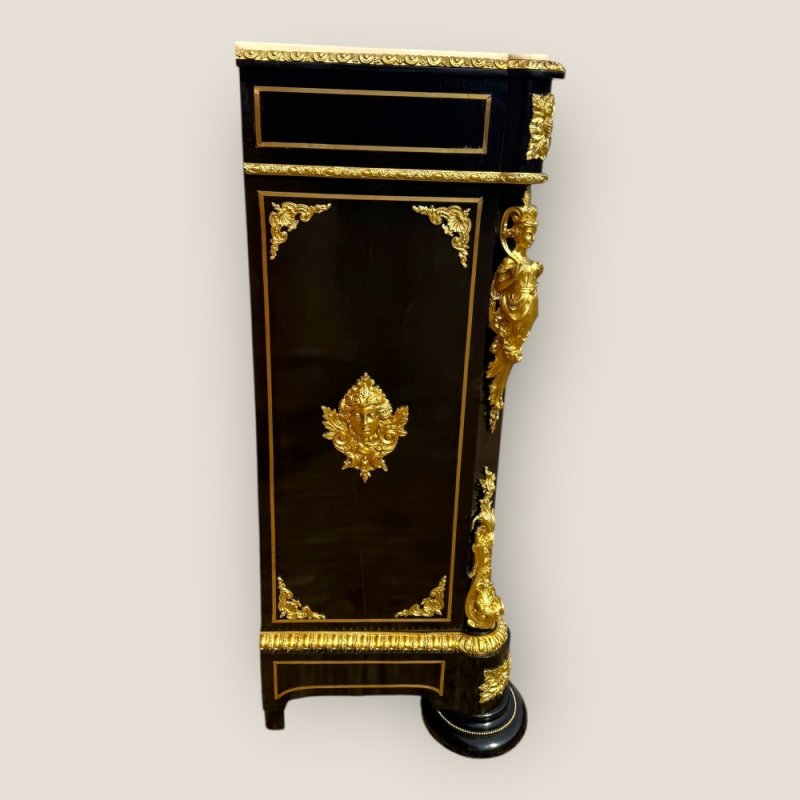 Antique French Napoleon III Ebonised Tortoiseshell Boulle & Marble Pier Cabinet