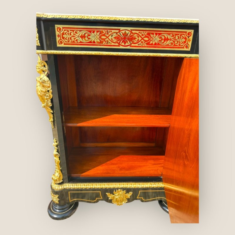 Antique French Napoleon III Ebonised Tortoiseshell Boulle & Marble Pier Cabinet