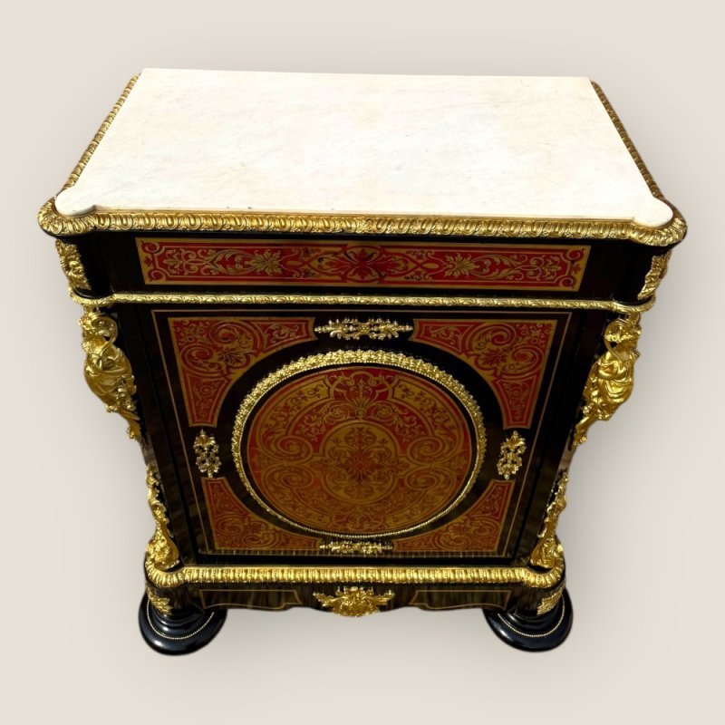 Antique French Napoleon III Ebonised Tortoiseshell Boulle & Marble Pier Cabinet