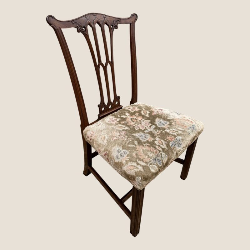 Antique Georgian Chippendale Period Mahogany & Floral Upholstered Carved Chair
