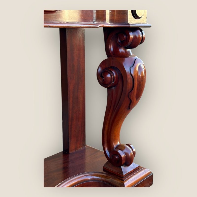 Antique Victorian Mahogany & Marble Topped Carved Console Wall Table With Drawer