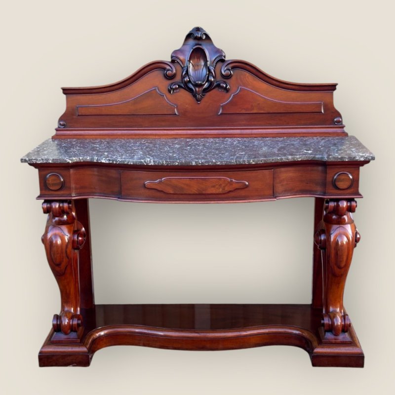 Antique Victorian Mahogany & Marble Topped Carved Console Wall Table With Drawer