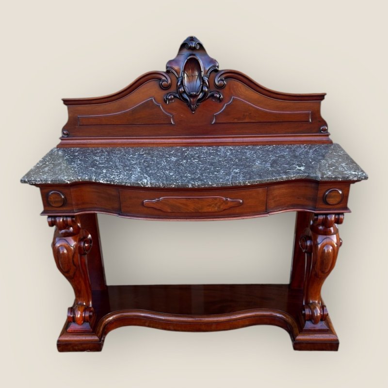 Antique Victorian Mahogany & Marble Topped Carved Console Wall Table With Drawer