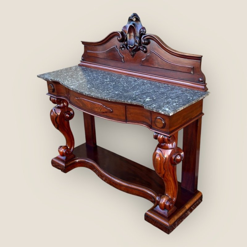 Antique Victorian Mahogany & Marble Topped Carved Console Wall Table With Drawer