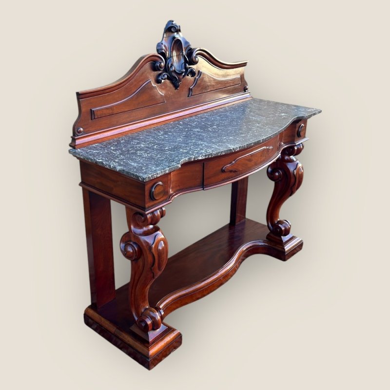 Antique Victorian Mahogany & Marble Topped Carved Console Wall Table With Drawer