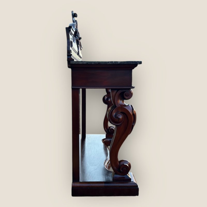 Antique Victorian Mahogany & Marble Topped Carved Console Wall Table With Drawer