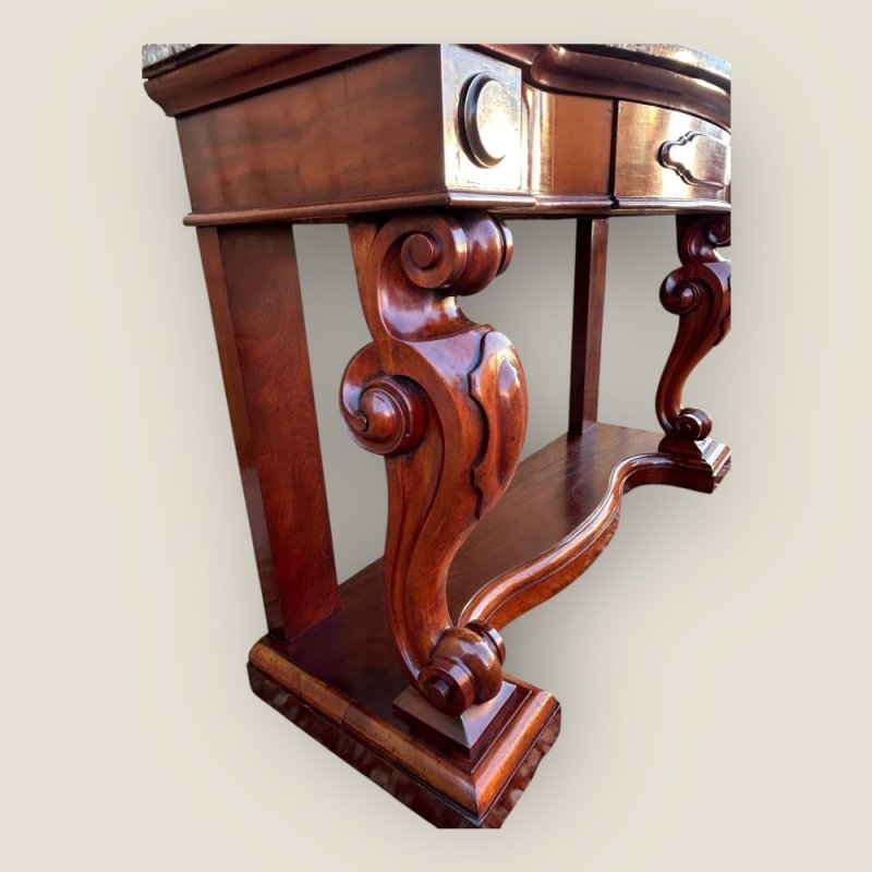 Antique Victorian Mahogany & Marble Topped Carved Console Wall Table With Drawer