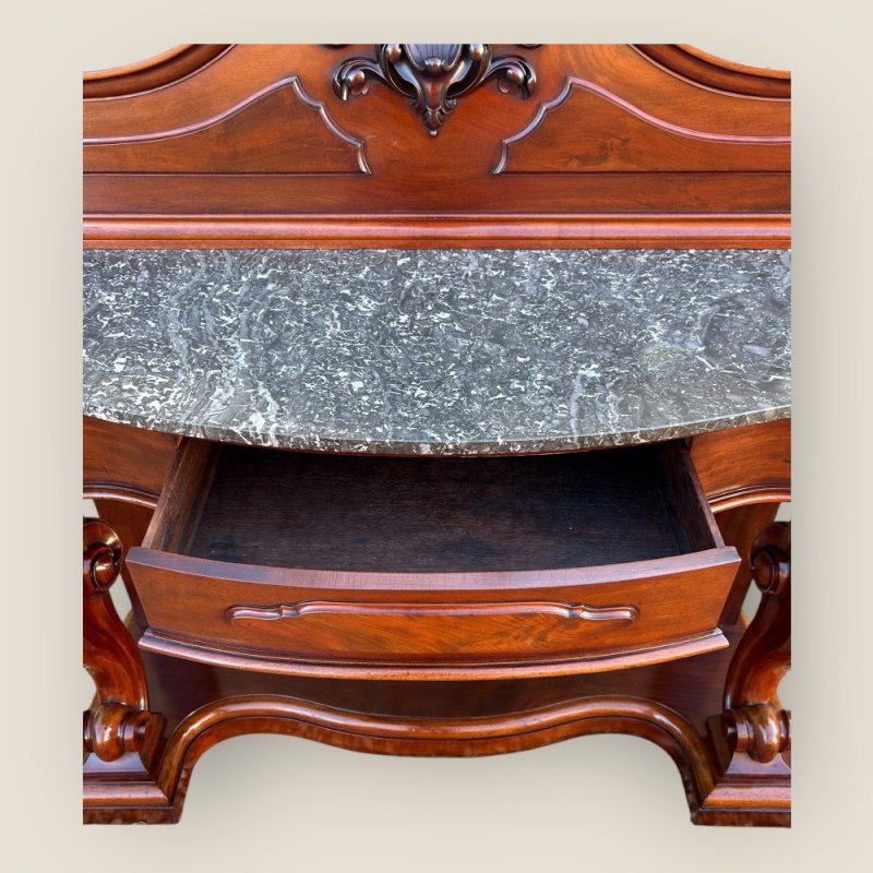 Antique Victorian Mahogany & Marble Topped Carved Console Wall Table With Drawer