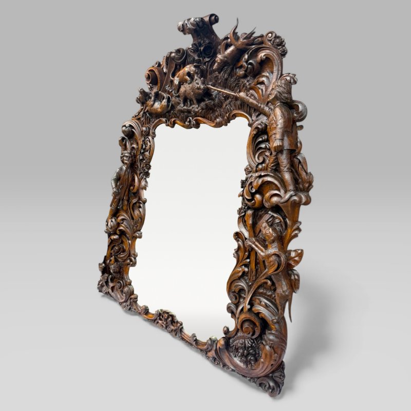 Antique King Of Bavaria’s Large Carved Oak Hunting Lodge Overmantle Wall Mirror