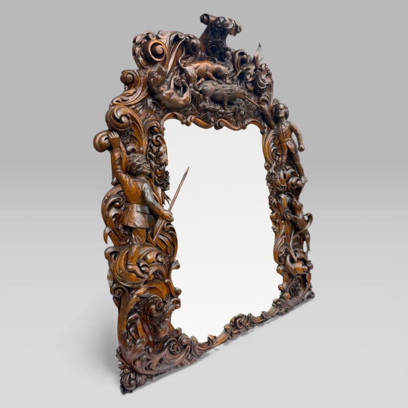 Antique King Of Bavaria’s Large Carved Oak Hunting Lodge Overmantle Wall Mirror