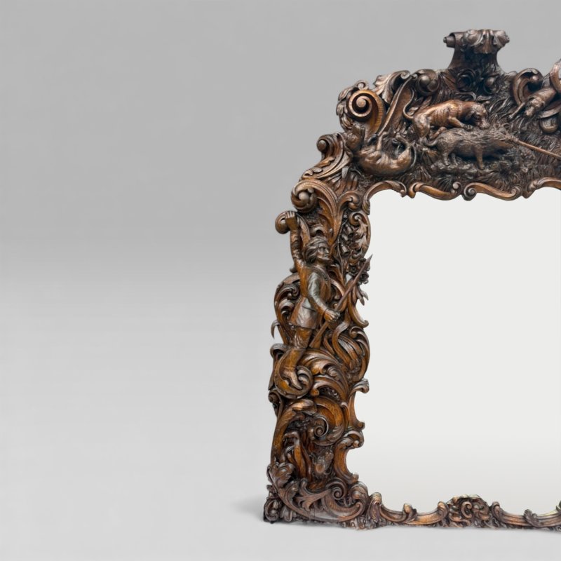 Antique King Of Bavaria’s Large Carved Oak Hunting Lodge Overmantle Wall Mirror