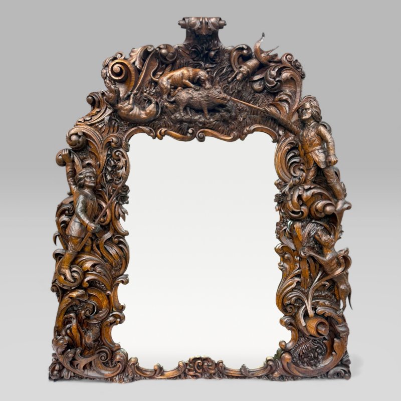 Antique King Of Bavaria’s Large Carved Oak Hunting Lodge Overmantle Wall Mirror