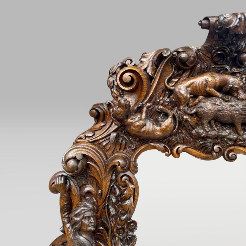 Antique King Of Bavaria’s Large Carved Oak Hunting Lodge Overmantle Wall Mirror