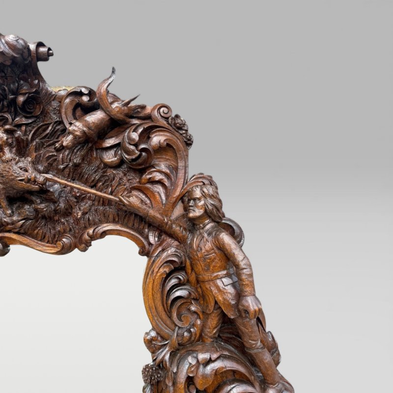 Antique King Of Bavaria’s Large Carved Oak Hunting Lodge Overmantle Wall Mirror