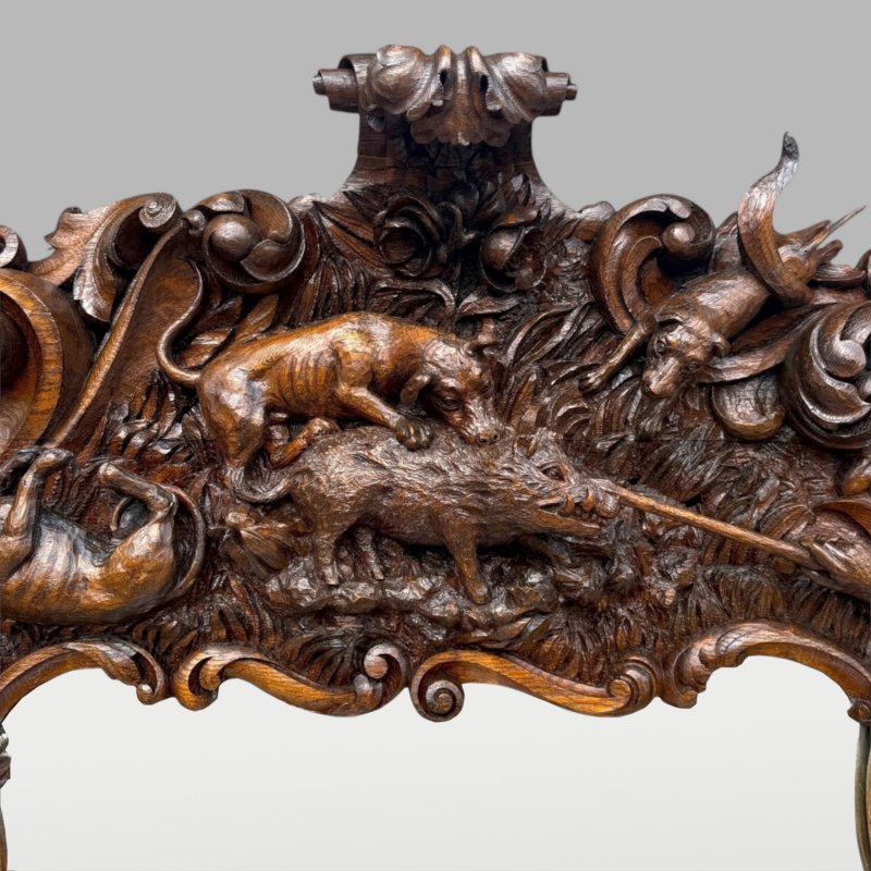 Antique King Of Bavaria’s Large Carved Oak Hunting Lodge Overmantle Wall Mirror