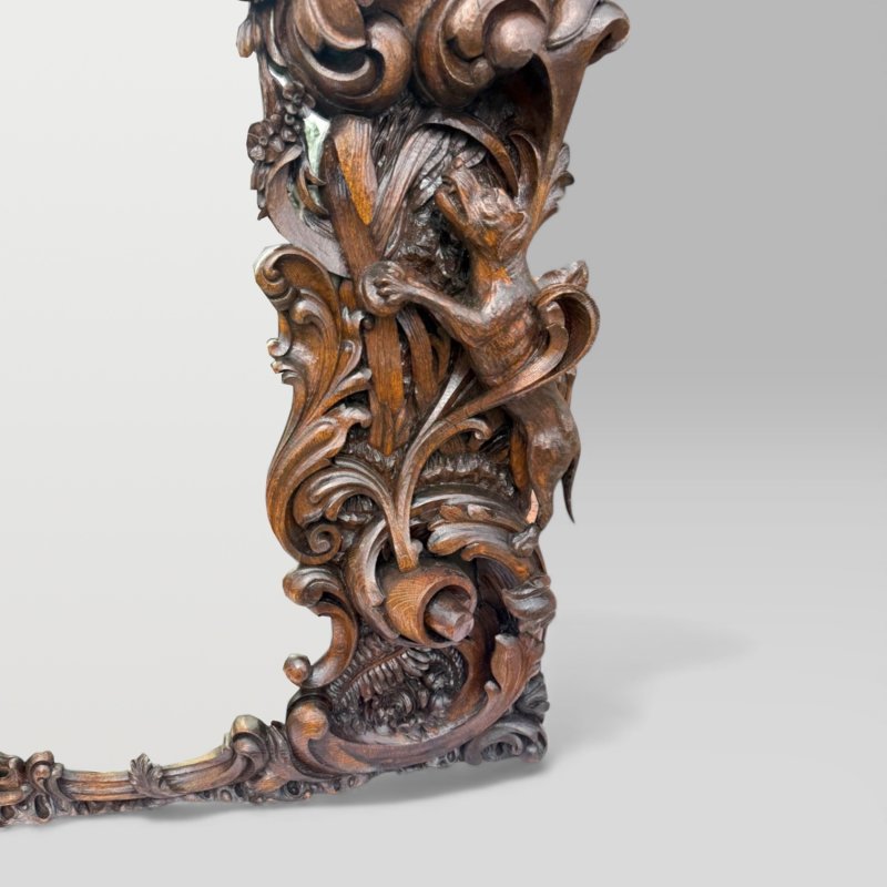 Antique King Of Bavaria’s Large Carved Oak Hunting Lodge Overmantle Wall Mirror