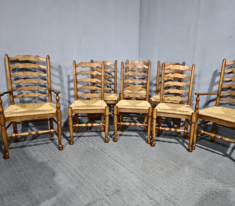 Set Eight Golden Oak Ladder Backed Dining Chairs