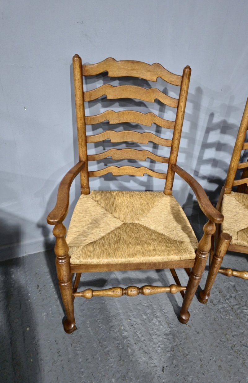 Set Eight Golden Oak Ladder Backed Dining Chairs