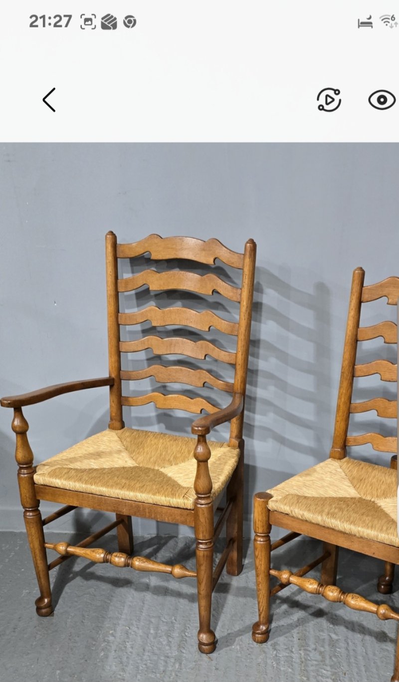 Set Eight Golden Oak Ladder Backed Dining Chairs