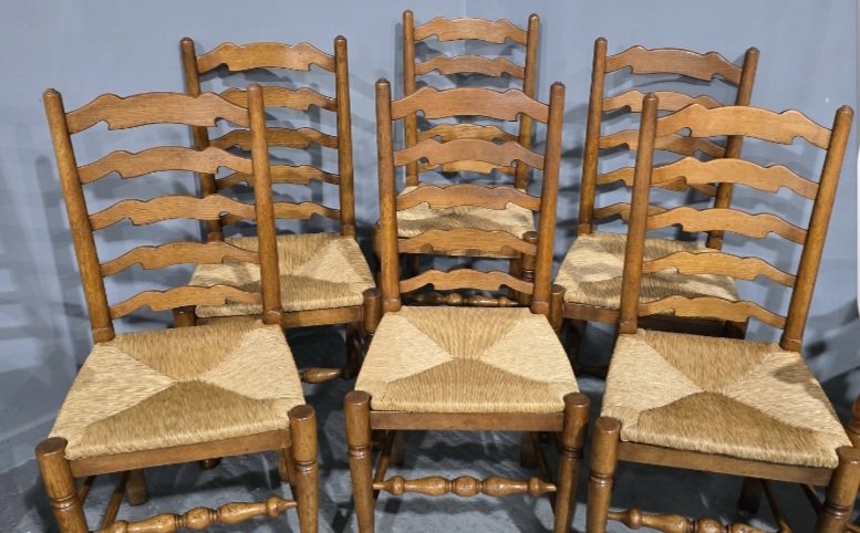Set Eight Golden Oak Ladder Backed Dining Chairs