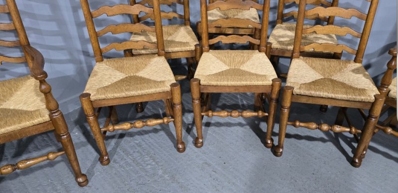 Set Eight Golden Oak Ladder Backed Dining Chairs