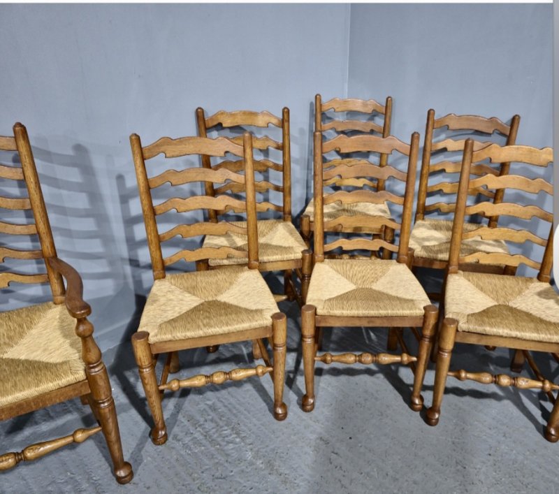 Set Eight Golden Oak Ladder Backed Dining Chairs