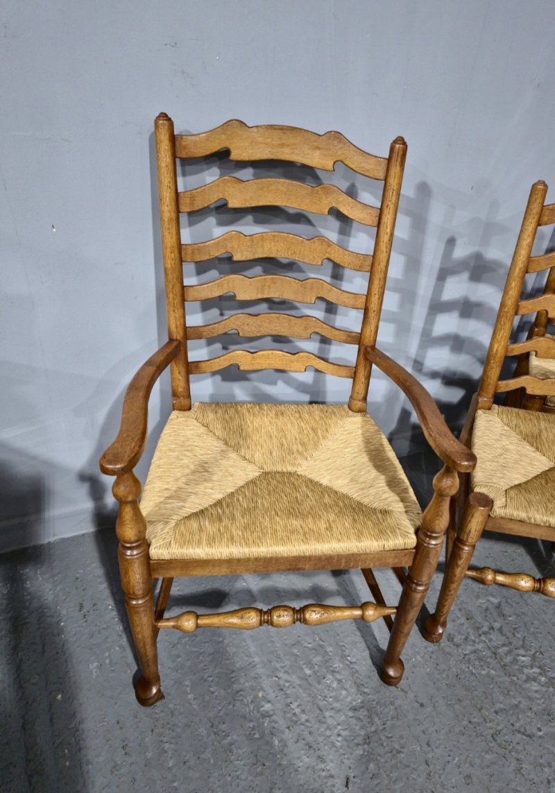 Set Eight Golden Oak Ladder Backed Dining Chairs